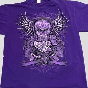 Vintage Gilden T-Shirt Mens SZ XL Purple Tattoo Winged Skull Graphic